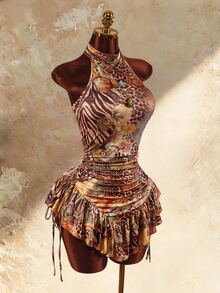 Amplova Women's Sexy Animal Print Ruffle Backless Halter Neck Mini Dress, Summer - Brown - View 4