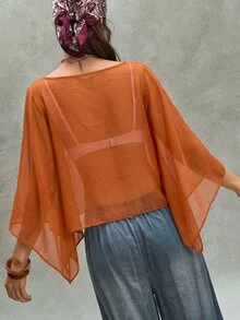 Bohemela Women's Solid Color Sheer Vacation Top For Beach - Orange - View 7