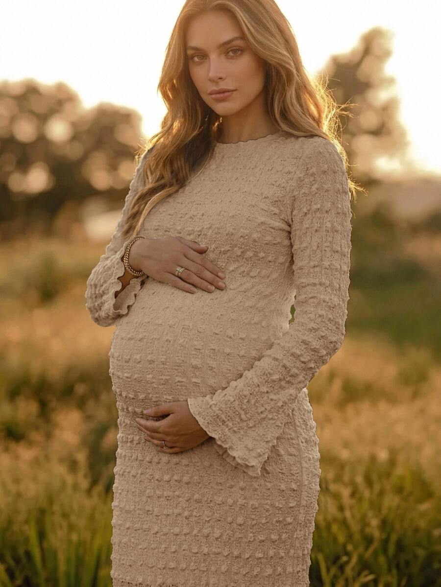 Boho Mama 孕婦純色休閒日常穿著夏季洋裝 - 卡其色 - 查看 1
