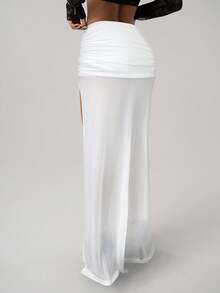 SHEIN ICON Women's High Slit Black Mesh Ruched Waist Sexy Vacation Metallic Decor Long Skirt - White - View 2