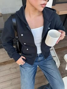 DAZY 女款保暖內裡雙排扣長袖連帽運動衫 - 藏蓝色 - 查看 7