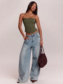 SHEIN BAE Women's Summer Elegant Lace Trim Bandeau Top - Army Green - View 3