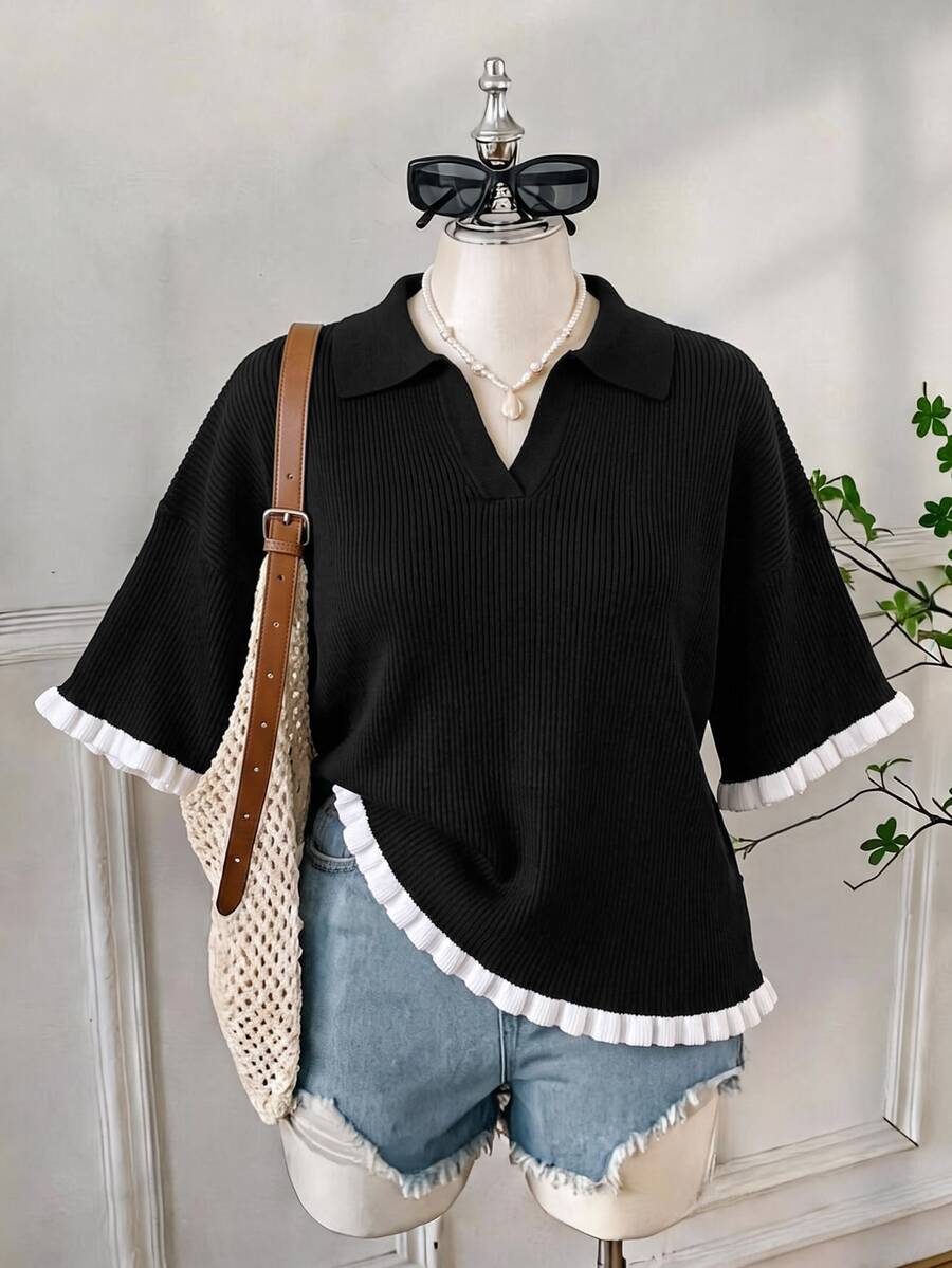 Comfortcana 大尺碼針織 Polo 衫,對比領設計,黃色上衣 - 黑色 - 查看 1