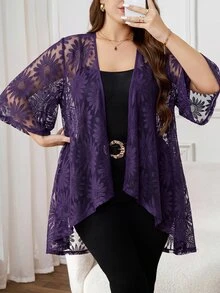 Reflora Plus Size Women Black Lace 3/4 Sleeve Loose Front Coat, Elegant Concert,Spring/Summer In Fall/Winter - Purple - View 3