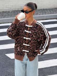 Muchica Women's Leopard Jacquard Knit Cardigan With White Frog Button Closures Oversized Long Sleeve Open Front Sweater Casual Y2K Streetwear For Going Out - Multicolor - View 3