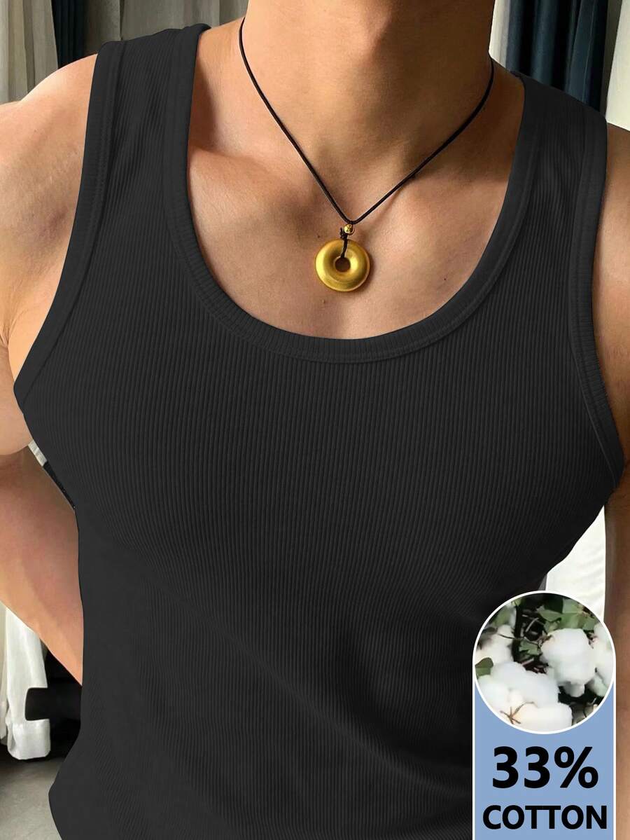 Airaco Men's Solid Color Crew Neck Casual Versatile Tank Top - Black - View 1