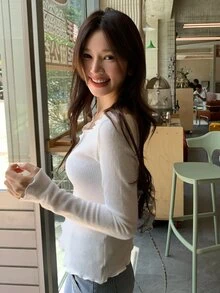 DAZY Kaos Lengan Panjang Gaya Korea dengan Trim Ruffle Asimetris untuk Wanita, Musim Semi/Panas/Gugur - Putih - View 5