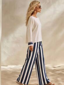 Breezaya Autumn Long Sleeve Vacation Elegant Chic Textured Linen Round Neck Top Vertical Striped Wide Leg Pants 2 Pieces Set Off-White Blue And White - Blue and White - View 3