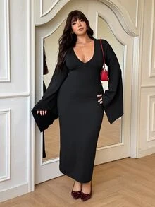 GalTyme Plus Size Sexy Elegant Bell Sleeve Fitted Dress For Evening Party Fall - Black - View 3