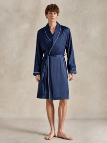 EverLounge Satin Comfortable Minimalist Contrast Trim Men's Robe - Navy Blue - View 7