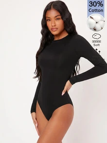 SHEIN BASICS Bodysuit Lengan Panjang Wanita Warna Polos, Pas Badan, Serbaguna, Warna Hitam, Cocok untuk Sehari-hari, Musim Gugur, Minimalis, Sederhana dan Serbaguna - Hitam - View 5