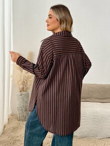 SHEIN CURVE+ Plus Size Women's Striped Casual Versatile Everyday Shirt Fall - Brown - View 2