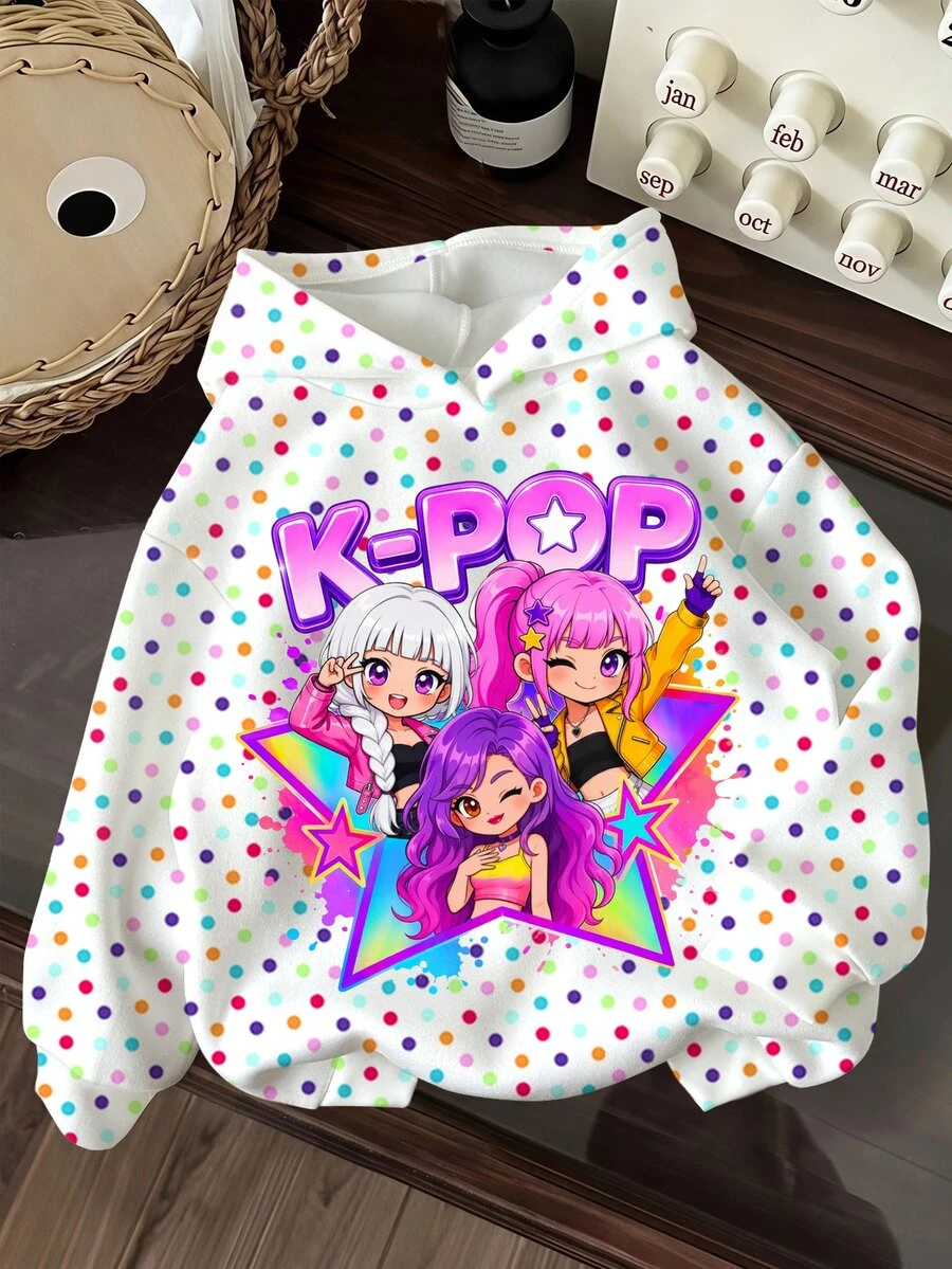 少女可愛卡通女團印花 K-Pop 超級巨星波點運動衫 - 彩色 - 查看 1