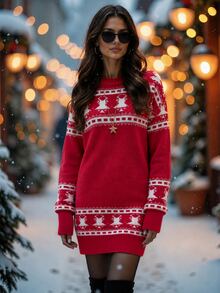 Balvessa Christmas Vibe Geometric Bell Jacquard Round Neck Drop Shoulder 3/4 Sleeve Ribbed Hem Short Mini Sweater Dress For Women - Multicolor - View 3
