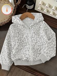 Baby Girl Fashionable Minimalist Cute Leopard Print Hooded Zip-Up Long Sleeve Fleece-Lined Sweatshirt Jacket, Soft Fabric, Suitable For Outings In Autumn/Winter - Multicolor - View 2