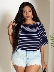 SHEIN PETITE CURVE Women's Fashionable Casual Modest Navy Blue Stripe Short Sleeve Bodysuit Beach Vacation Summer - Multicolor - View 4