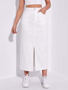 SHEIN ICON Casual Versatile Solid Color Split Hem Denim Skirt - White - View 3