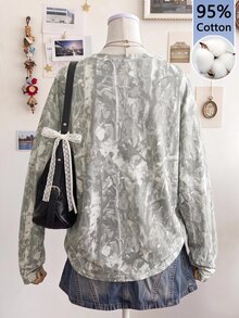 SHEIN EZwear 乾葉植物印花圓領長袖寬鬆版型T恤，適合秋季，學院風 - 彩色 - 查看 2