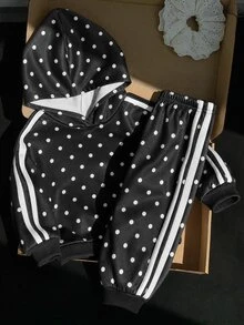 SHEIN 女嬰針織波點連帽休閒衛衣與長褲2件套 - 黑色 - 查看 4