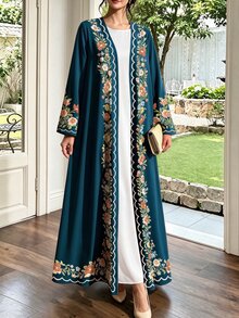SHEIN Najma 彩色花卉枝條與幾何波浪蕾絲圖案 藍綠色女款優雅阿拉伯式長袍，春秋時尚長袖開襟長版開襟外套，阿拉伯風服飾 - 彩色 - 查看 4
