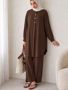 Solavon Women's Solid Color Shirt And Pants Arabic Costume Set - Coffee Brown - View 5