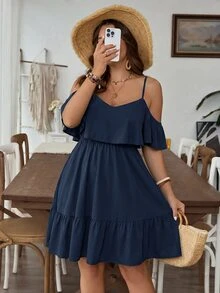 SHEIN VCAY Vestido de moda para mujer talla grande con unicolor, patchwork, volantes y hombros descubiertos - Azul Marino - Ver 6