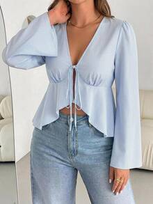 Shapeblank Plus Size Women's Front Tie Ruffle Hem Striped Shirt - Blue - View 3
