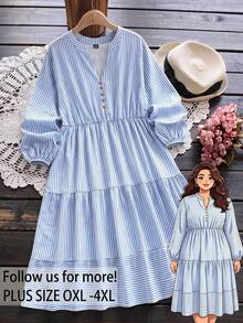 Rusticease Plus Size Women's Blue And White Pleated Casual Elegant Tropical Vacation Party Brunch Formal Dress Fall Country Clothing 2026 - Blue and White - View 2