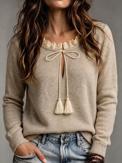 SHEIN Fall Winter New Arrival Women Vintage Lace Crew Neck Sweater, Tassel Drawstring Bow Decor Long Sleeve Pullover, Elegant Versatile Casual Knit Jumper