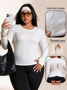 Rhythm Era Women's Plus Size Solid Color Back Hollow Out Sports T-Shirt - White - View 1