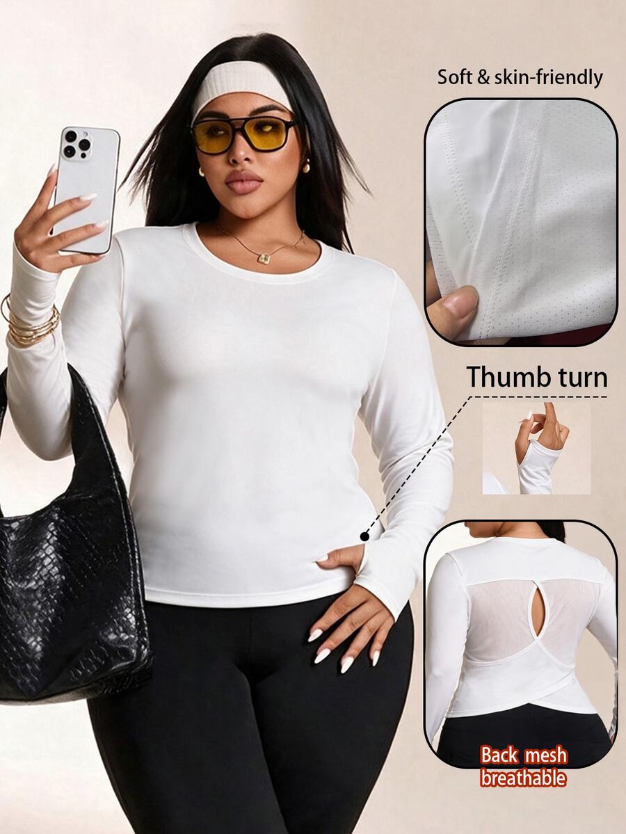 Rhythm Era Women's Plus Size Solid Color Back Hollow Out Sports T-Shirt - White - View 1