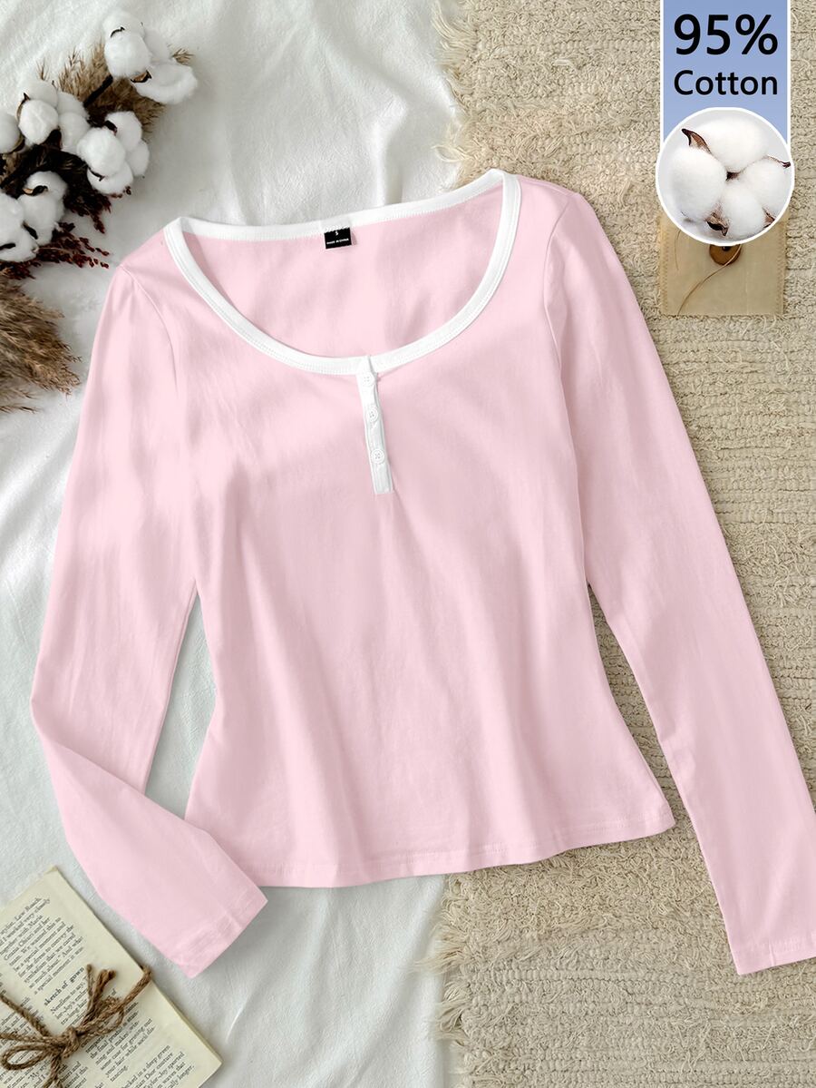 Tseoso 女款棉感粉白配色 95%棉半排扣 T-shirt,百搭四季居家服,優雅休閒時尚日常秋季款 - 彩色 - 查看 1