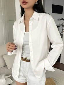 DAZY 女款純色長袖單排扣休閒通勤襯衫 秋季 - 米色 - 查看 5