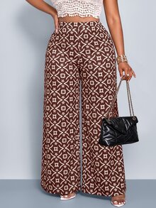 SOLERSUN Plus Size Women's Vintage Geometric Print Wide Leg Pants, Suitable For Full-Figured Women, High Waist Elastic Waistband, Flowy Wide Leg Pants, Burgundy Star Pattern Casual Vacation Pants, Vintage Atmosphere Color Scheme, Suitable For Various Occasions, Parties, Music Festivals, Daily Commute, Fashionable And Versatile, Street Style Outfit, Autumn/Winter New Arrival, Suitable For All Seasons - Red - View 2