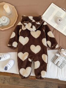 SHEIN LMoss Kids 新生女嬰可愛秋冬款毛茸茸花卉圖案長袖連帽連身衣 - 棕色 - 查看 2
