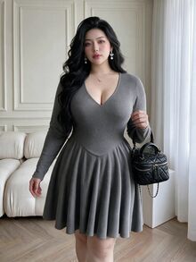 Vibekara Plus Size Women's Fitted Long Sleeve A-Line Ribbed Knit Dress, Comfortable For Early Autumn - Grey - View 7