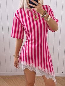 SHEIN EZwear Casual Vacation Style Rose Red Vertical Stripe Full Print Pattern Knit Bodycon Dress Suitable For Spring And Summer - Multicolor - View 4