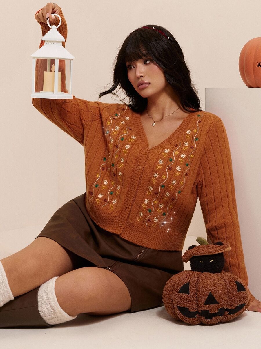 CovetEZ Plus Size Autumn/Winter Embroidered Single-Breasted Long Sleeve Knit Cardigan - Orange - View 1