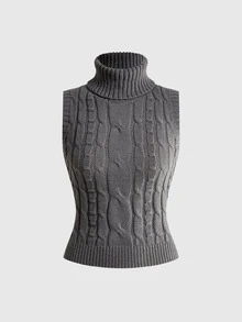 ROMWE Women's High Neck Vintage Cable Knit Vest Cute - Grey - View 1