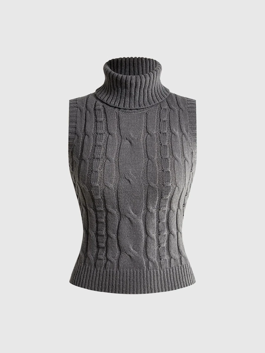 ROMWE Women's High Neck Vintage Cable Knit Vest Cute - Grey - View 1