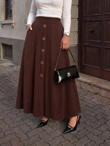 Lacomfia Autumn/Winter Elegant Casual Knit Ribbed Patchwork Waist-Cinched Loose Fit Versatile Plus Size Women's Skirt - Rust Brown - View 3