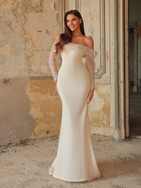 Aureia Elegant Romantic Fashionable Graceful Apricot Elastic Fabric Lace Patchwork Pleated Decor Long Sleeve Mermaid Hemline Elegant Party Dress Wedding Guest Dress Bachelorette Party Dress Formal Evening Gown Bridesmaid Dress
