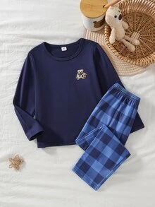 Snug Fit Pajamas Boys Toddler Long Sleeve & Long Pants Set, Fun Bear Pattern Design, Comfortable Soft Skin-Friendly Fabric, Suitable For Young Boy Home Wear - Royal Blue - View 2