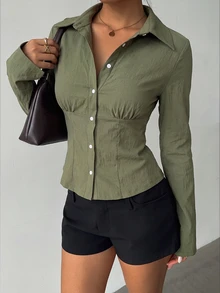 Aloruh 女款秋冬新款優雅春夏通勤日常簡約百搭旅行辦公純色軍綠色短袖收腰百褶長袖襯衫 - 軍綠色 - 查看 6
