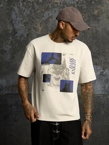 BATMAN X SHEIN Men's Hip-Hop Letter Print Crew Neck Short Sleeve T-Shirt, Casual - Apricot - View 3