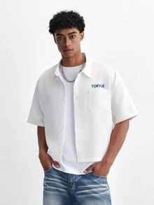 TOKVUE Men's White Cropped Short Sleeve Shirt, Front & Back Blue Letter Print Loose Streetwear Top - White - View 2