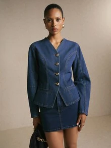 Poéselle Women's Denim Casual V-Neck Top Jacket And Outerwear - Dark Wash - View 6