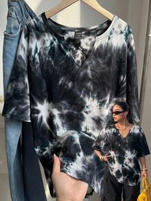 Muchica Plus Size Loose Fit Short Sleeve V-Neck T-Shirt - Multicolor - View 1