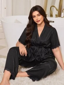 MuseNap CURVE Sexy Lace Patchwork Satin Loungewear, Exquisite V-Neck Tie-Up Slim Fit Plus Size 2-Piece Pajama Set - Black - View 1