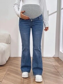 SHEIN 孕婦可調腰圍休閒保暖內裡喇叭褲牛仔褲 - 藍色 - 查看 3
